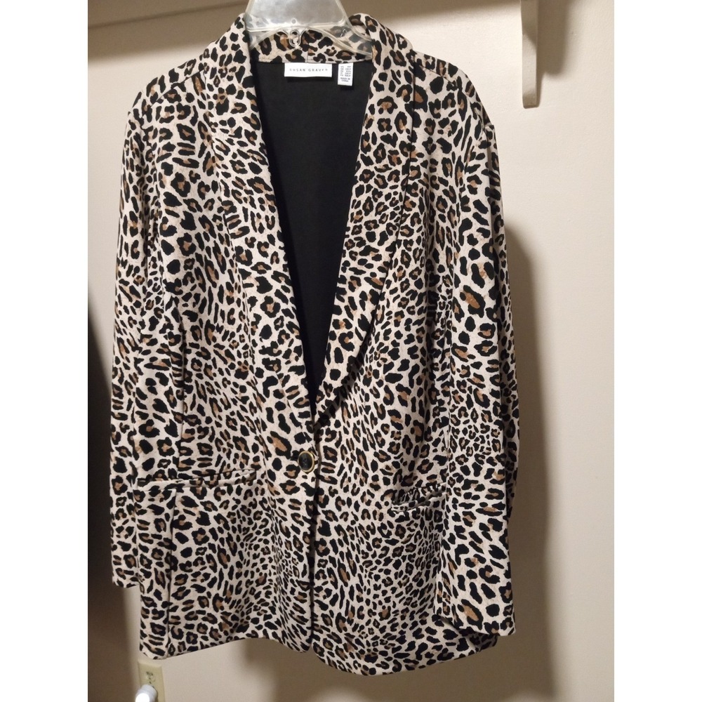 Susan Graver Leopard Print Liquid Knit Blazer Jacket Tan Black 1XP Petite